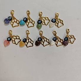 9Piezas de corazón y mal de ojo, piedras preciosas naturales y sintéticas y colgante de decoración de lampwork, Con huella de pata de aleación de zinc y cierres de pinza de langosta.