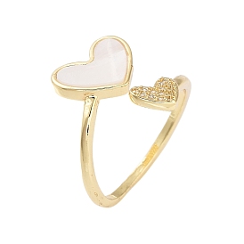 Rack Plating Heart Brass Micro Pave Cubic Zirconia Open Cuff Rings for Women, with Natural Shell, Cadmium Free & Lead Free, Long-Lasting Plated