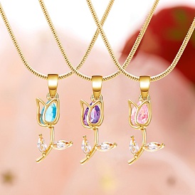 Golden Tong Brass Rhinestone Rose Flower Pendant Snake Chain Necklsces for Women