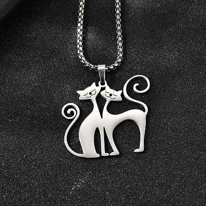 304 подвесные из нержавеющей стали ожерелья, с коробчатой цепью и подвесками для ручной полировки, форма кошки
