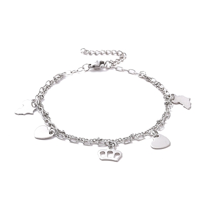 304 Stainless Steel Double Chains Multi-strand Bracelets, Heart & Crown & Map 201 Stainless Steel Charm Bracelet for Women