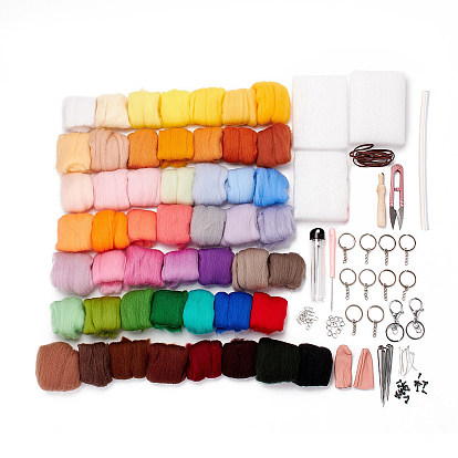 Ensemble d'outils de feutrage à l'aiguille bricolage, Avec des aiguilles de fer, châssis en mousse, stalles en cuir, fermoirs porte-clés, Anneaux ouverts, épingles à oeil, Yeux en plastique et laine, manche en bois, ciseaux, alêne
