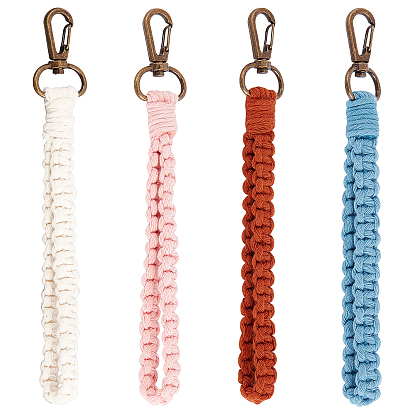 4pcs 4 couleurs porte-clés en cordon de coton tressé, avec fermoir à pression pivotant en alliage