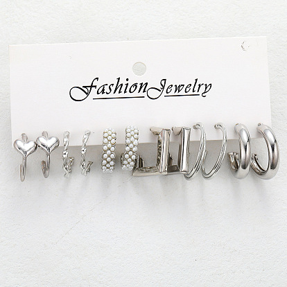 C-Type Creative Minimalist Heart Pearl Geometric Earrings 6-Piece Set - Vintage Pearl Earrings