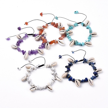 Adjustable Nylon Thread Braided Bead Bracelets, with Gemstone Chip Beads, Cowrie Shell Beads and Platinum Plated Brass Beads