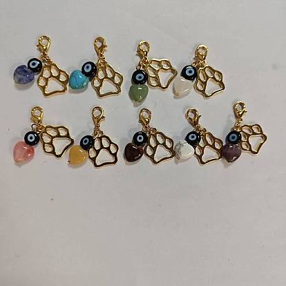 9Piezas de corazón y mal de ojo, piedras preciosas naturales y sintéticas y colgante de decoración de lampwork, Con huella de pata de aleación de zinc y cierres de pinza de langosta.