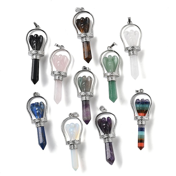 Драгоценный камень отметил большие кулоны, граненые подвески в виде пули и ангела с латунной фурнитурой, стойки покрытие, платина