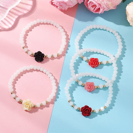 5Браслеты из стекла и синтетического коралла 3Эластичные браслеты с бусинами в виде цветка розы для женщин, с 304 из нержавеющей стали бусы