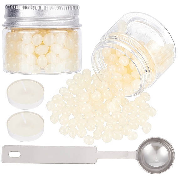 2 коробки овальные восковые гранулы, бусины из горячего расплавленного воска для винтажной сургучной печати, с 2плоскими круглыми свечами и ложкой из нержавеющей стали 1шт.