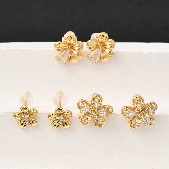 Серьги-гвоздики в форме цветка с микропаве из прозрачных кубических цирконий из латуни, с 316 хирургическими штифтами из нержавеющей стали, без никеля 