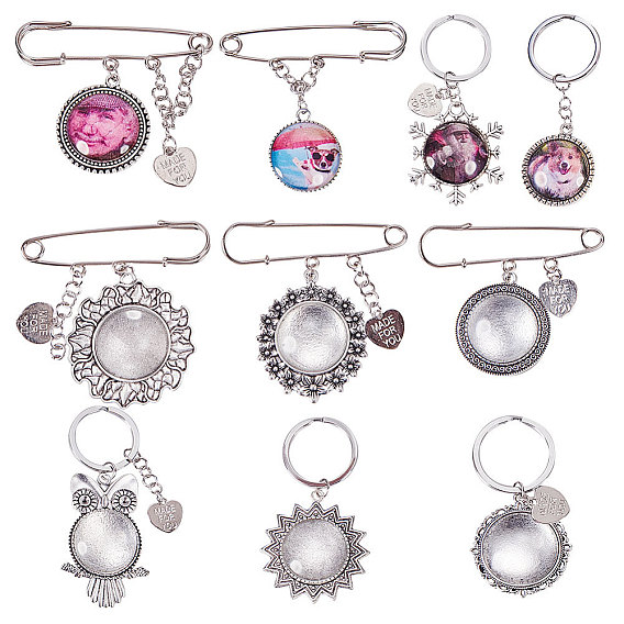 DIY Brooch Making, Tibetan Style Alloy Pendant Cabochon Settings, Clear Glass Cabochons, Iron Brooch Findings and Iron Split Key Rings