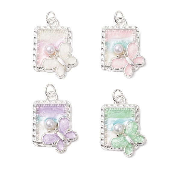 Подвески из эмали и сплава, Прямоугольник с бабочкой, с имитацией жемчуга, платина, с целью перехода в кольце