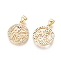 Golden Plated Brass Pendants, with Cubic Zirconia, Flat Round with Word Love Mom, for Mother's Day