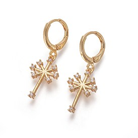 Brass Dangle Hoop Earrings, with Micro Pave Cubic Zirconia, Cross