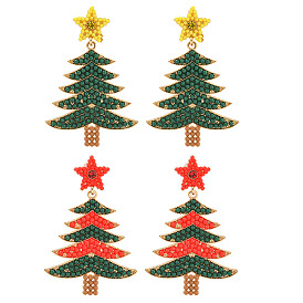 Christmas Tree Alloy & Acrylic Beaded Dangle Stud Earrings for Women, with Brass Pin, Golden