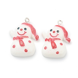 Resin Pendants, for Christmas Festival, with Platinum Iron Peg Bail, Glitter Powder, Snowman