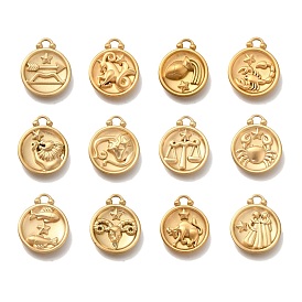 PVD Vacuum Plating 304 Stainless Steel Pendants, Flat Round with Constellations Charm, Real 18K Gold Plated