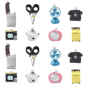 40 шт 8 стили подвески из непрозрачной смолы, инструменты прелести, с платиновыми тоновыми железными петлями, стиральная машина и вентилятор и ножницы и телефон и нож, разнообразные