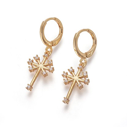 Brass Dangle Hoop Earrings, with Micro Pave Cubic Zirconia, Cross
