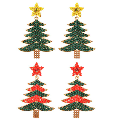 Серьги-гвоздики из сплава и акриловых бусин в виде рождественской елки для женщин, с латунной контактный, золотые