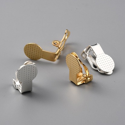 Brass Clip-on Earring Findings, with Round Flat Pad