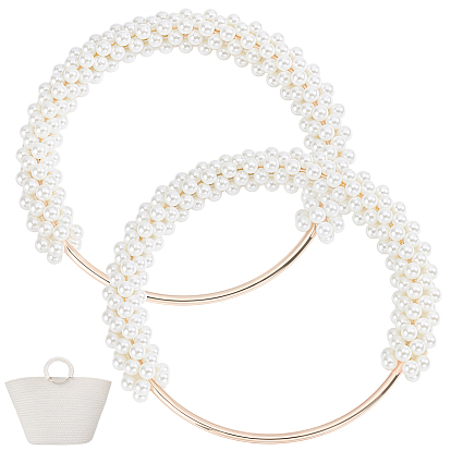 2Pcs Plastic Imitation Pearl Round Beaded Bag Handles, with Alloy Rings, Light Gold