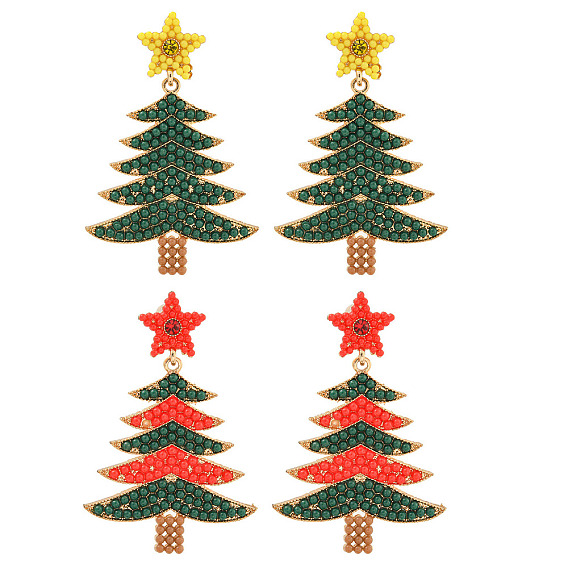 Серьги-гвоздики из сплава и акриловых бусин в виде рождественской елки для женщин, с латунной контактный, золотые