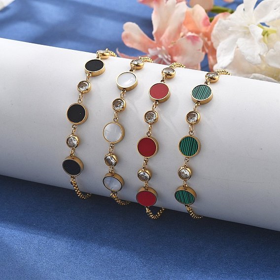 Ионное покрытие (ip) 304 браслеты из нержавеющей стали, роло цепи ювелирные изделия для женщин, с кубическим цирконием и эмалью, реальный 18 k позолоченный, плоско-круглые