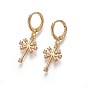 Brass Dangle Hoop Earrings, with Micro Pave Cubic Zirconia, Cross