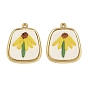 304 Stainless Steel & Embroidered Pendants, Trapezoid with Flower Charms, Yellow, Ion Plating(IP), Long-Lasting Plated