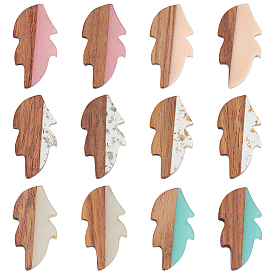 12Pcs 6 Colors Transparent Resin & Wood Cabochons, Leaf
