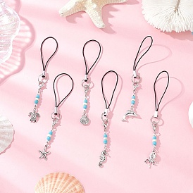 Ремешки для мобильных телефонов из сплава с морской тематикой, с нейлоновым шнуром и синтетическими бирюзовыми бусинами, старинное серебро и платина