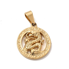 Vacuum Plating 201 Stainless Steel Pendants, Ring with Dragon Charms