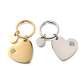 304 Stainless Steel Keychains, Heart with Dog Paw Prints