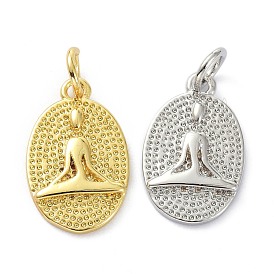Rack Plating Rack Plating Brass Pendants, with Jump Ring, Long-Lasting Plated, Textured, Oval with Yoga Human