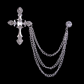 Religion Cross Hanging Chain Brooch with Rhinestone, Alloy Pin for Men's Suit Shirt Collar