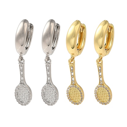 Серьги-кольца из латуни с микропаве и прозрачным фианитом, без кадмия и без свинца, долговечный, форма теннисной ракетки