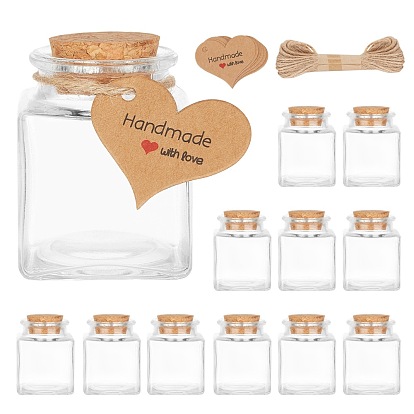 Würfelglasflasche, mit Korkstopfen, Ich wünsche eine Flasche, Juteschnur, Geschenkanhänger aus Papier