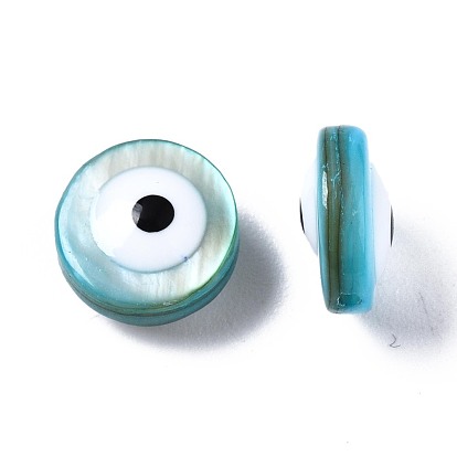 Freshwater Shell Beads, with Enamel, Dyed, Flat Round with Evil Eye