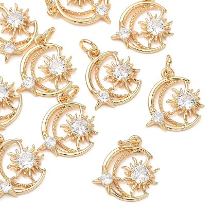 SHEGRACE Valentine's Day Brass Clear Cubic Zirconia Pendants, Moon & Sun Charms, Cadmium Free & Lead Free & Nickel Free
