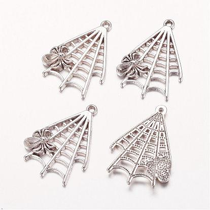 Halloween Jewelry Alloy Pendants, Cadmium Free & Lead Free, Spider in Web, 32x23x3.5mm, Hole: 1.5mm