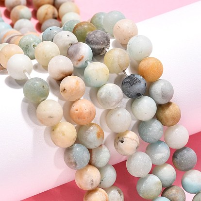 Natural Flower Amazonite Beads Strands, Frosted, Round