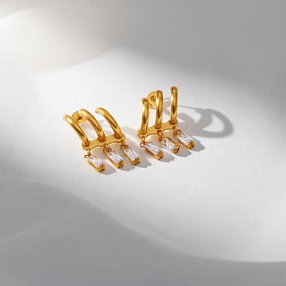 304 Подвесные серьги-гвоздики из нержавеющей стали с инкрустацией кубическим цирконием для женщин, прямоугольные, серьги-кольца