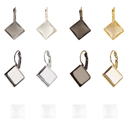 DIY Earring Making, with Brass Leverback Earring Findings, with Square Tray and Transparent Glass Square Cabochons