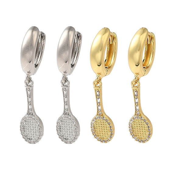 Серьги-кольца из латуни с микропаве и прозрачным фианитом, без кадмия и без свинца, долговечный, форма теннисной ракетки