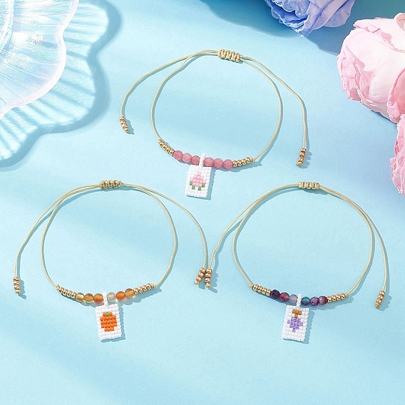 3шт. браслеты с подвесками из стеклянных бусин Miyuki, Регулируемые браслеты из окрашенного и термически обработанного натурального агата, окрашенного белого нефрита и сердолика, плетеные из бусин, для женщин., прямоугольник с персиком, виноградом и апельсином