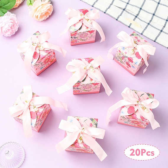 20шт. картонные подарочные коробки с цветочным принтом, с пластиковыми бусинами, имитирующими жемчуг, и полиэфирными лентами, квадратный