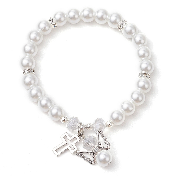 Сплав и перламутровые стеклянные жемчужные бусины эластичные браслеты для женщин, ангел и крест