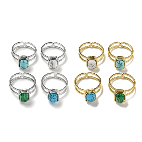 304 открытые манжеты из нержавеющей стали, Прямоугольные кольца на палец из синтетического малахита и бирюзы для женщин и мужчин
