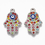304 Stainless Steel Pendants, with Colorful Rhinestone and Enamel, Hamsa Hand/Hand of Fatima/Hand of Miriam with Evil Eye